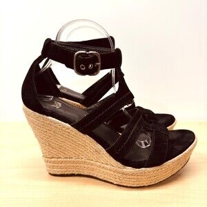Ugg Lauri Black Suede Wedge Platform Espadrille Sandals, Size 10 Buckle Strappy